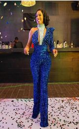 2021 Plus Size Arabic Aso Ebi Royal Blue Sparkly Prom Jumpsuits Dresses Beaded Sequined Sheath Evening Formal Party Second Recepti3331754