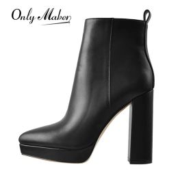 Boots Onlymaker Women Ankle Boots Pointed Toe Black Matte Flock 12CM Chunky Heel Platform Booties Party Shoes Large Size Short Boots