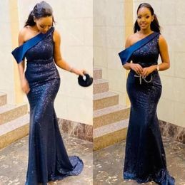 Sparkle Navy Blue Mermaid Evening Dresses One Shoulder Sweep Train Sequined Women Formal Prom Party Gowns Special Occasion Go7734830