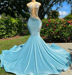 2024 Plus Size Prom Dresses for Black Women Illusion Evening Dresses Elegant Velvet Blue Sheer Neck Rhinestones Gala Vestido De Formal Gowns Birthday Dress NL626