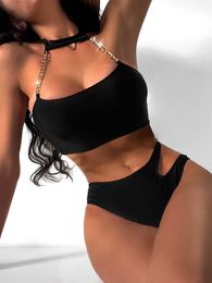 Women's Swimwear 2018 New Sexy Bikini Set Chain Sling Strap Swimwear Hollow Split High Waist T-shaped Swimwear Brazil Swimwear J240319