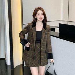 Work Dresses 2024 Autumn Winter Women 2 Piece Set Warm Plaid Wool Jacket Outwear Mini Skirts Sets Fashion Vintage Casual