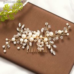 Tiaras Trendy Gold Pearl Crystal Tiara Wedding Hair Combs Hair Accessories for Bridal Headpiece Women Wedding Hair Jewellery Accessories Y240319