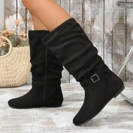 Boots Shoes Female 2024 Side Zip Knee-High Women's Retro Daily Women Round Toe Belt Buckle Pleated Flat With Ladies