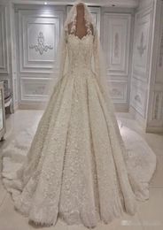 Dubai Arabic Style Ball Gown White Wedding Dresses Luxury Beaded Appliqued Sheer Long Sleeves Bride Formal Church Wedding Gowns wi2097448