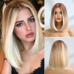 Synthetic Wigs Lace Wigs oneNonly Brown Ombre Blonde Wig Bob Short Wig Straight Natural wigs for Women Daily High Temperature Hair 240328 240327