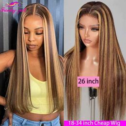 Synthetic Wigs Synthetic Wigs Highlight Brown Straight Lace Front Wig Human Hair Wigs For Women Lace Closure Wig Pre Plucked Honey Blonde Coloured Cheap Wigs 240329