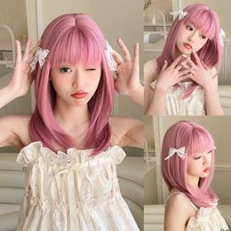 Synthetic Wigs Medium Length Pink Layered Synthetic Wigs with Bangs Colorful Fake Hair Pink Straight Wig for Cosplay Party Heat Resistant Fiber 240328 240327