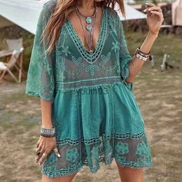 Skirts Skorts Swimsuits Woman 2024 Sexy Beach Cover Up V-neck Women Beach Tunic Dress Sarong Bikini Cover Up Crochet Top For Women Beachwear 240319