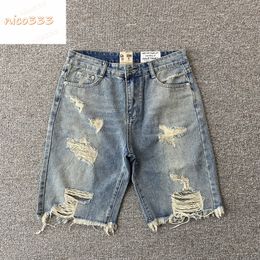 Ga Depts Broken Hole Washed Splicing Colour Collision Letters Printed Pattern Cotton Loose with Men and Women Casual Fashion Denim Shorts