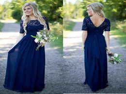 Country Bridesmaid Dresses Sleeves 2016 Navy Blue Lace And Chiffon Fitted Sequins With Sash Long Maid Of Honor Gowns EN612108213