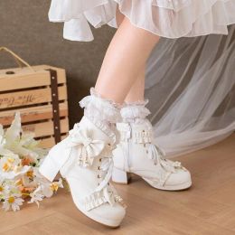 Boots New Women High Heels Ankle Boots Pearl Chain Mary Jane Pumps Party Wedding Black White Ruffles Bow Princess Cosplay Lolita Shoes