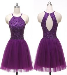 Dark Purple Halter Homecoming Dresses Cheap 2022 Beaded Sequin Crystal Open Back Tulle Draped Short Prom Dress Graduation Dress Pa2880334