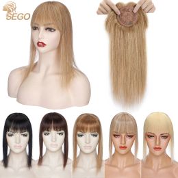 Toppers SEGO 10''20'' 8.5x8.5cm Small Human Hair Topper Natural Hairpieces with Bangs for Women Toupee Fringe 3 Clips ins