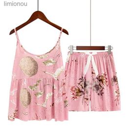 Women's Sleepwear Plus Size S-3XL Viscose Womens Pyjama Set with Spaghetti Straps and Bowknot Shorts Loungewear Women PyjamaC24319