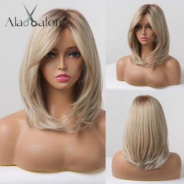 Synthetic Wigs ALAN EATON Layered Synthetic Wigs with Bangs Straight Short Highlights Blonde Hair Wig with for Women Natural Daily Cosplay Wigs 240329