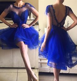 Elegant Jewel Neck Lace Beaded Ruffles Homecoming Dresses 2020 Backless Tulle Short Sleeve Graduation Dress Royal Blue Short Prom 4925276