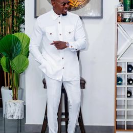 Mens Wedding Dress Singlebreasted Suit Twopiece Shirt Solid Colour Iong Sleeve Social African National Style Clothing 240305