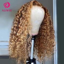 Synthetic Wigs 13x4 Highlight Wig Curly Human Hair Wig Honey Blonde Lace Front Wigs For Black Women Ombre Coloured 13x6 Deep Wave HD Frontal Wig 240328 240327