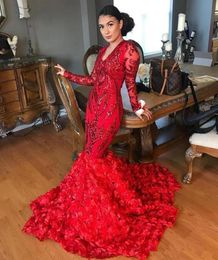 Red Sequins Applique Mermaid Prom Pageant Dresses with Long Sleeve 2019 Sexy 3D Floral Flowers African Occasion Prom Party Gown3453752