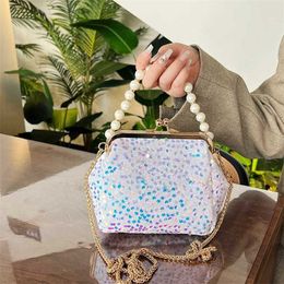 Chic Shoulder Bags Spring Dinner Bag Designer Handbags Tote Clip Sequin Pearl Chain Womens Diagonal One Shell 240311