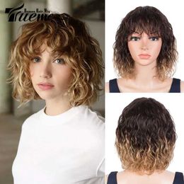 Synthetic Wigs Trueme Short Wavy Bob Human Hair Wigs Brazilian Human Hair Wig With Bangs Ombre Blonde Short Curly Bob Wig Natural Wave Full Wig 240328 240327