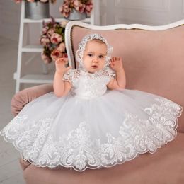 Flower Girl Baby Dress White Tulle Puffy Pearl Flory Pattern Short Sleeve For Wedding Children Ball Birthday Party Gowns 240312