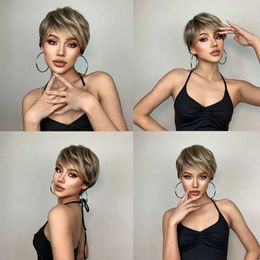 Synthetic Wigs Cosplay Wigs HENRY MARGU Dark Root Ombre Brown Blonde Short Hair Wigs Fluffy Pixie Cut Synthetic Wig for Black White Women Heat Resistant 240328 240327