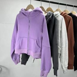 LU LU Embroidered Scuba Oversized Full zipper Hoodie Warmth Running Jacket Without Fleece Sport Casual Waist Length Sweatshirt