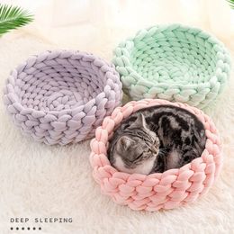 Hand Woven Cat Nest Soft Shaggy Mat Indoor Dog Cat Bed Round Cat Cushion Warm Cat Sleep Basket Cat Kennel For Small Dog Cat 240315