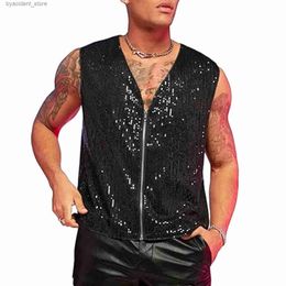 Men's Tank Tops Men Shiny Sequins Disco Dance Vest Coat Retro 60s 70s Rock Disco Party Come Low Cut V Neck Sleeveless Front Zipper Vest 2024 L240319