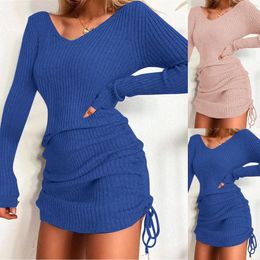 Casual Dresses Women Turtleneck Oversized Knitted Dress V Neck Long Sleeve Slim Fit Hip Lift Warm Sweater Elastic Loose Vestidos