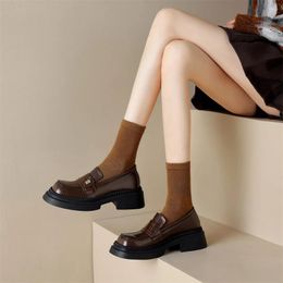 Dress Shoes Taoffen Casual Loafers Genuine Leather Square Heel Metal Decoration Women's Pumps Round Toe Thick Sole Anti-slip Slip-On