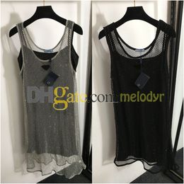 Sexy Rhinestone Dress Summer Hollow Mesh Vest Skirts Letter Badge Sling Dresses Shiny Crystal Sleeveless Dress Designer Two Piece Skirt