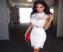 Sexy See Through Top High Neck Cocktail Dresses robe de Charming Mini Short Party Dresses White Lace Women Fromal Prom Gown9676502