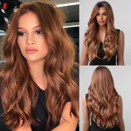 Synthetic Wigs Cosplay Wigs Red Copper Brown Long Wavy Synthetic Wig with Dark Root for Black Women Afro Middle Part Natural Wave Wigs Hair Heat Resistant 240327