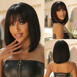 Synthetic Wigs Cosplay Wigs HENRY MARGU Bob Short Straight Synthetic Wigs with Bangs Black Hair Wigs for Women Daily Cosplay Party Wigs Heat Resistant 240328 240327