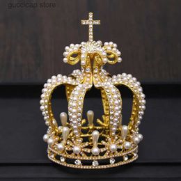 Tiaras Bridal Crown Headdress Baroque Crystal Pearl Crown Gold Round Crown Queen Tiara Crown Jewellery Party Wedding Hair Accessories Y240319