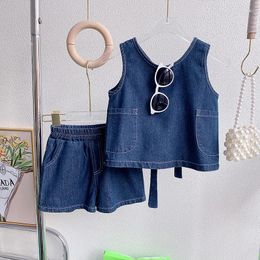 Clothing Sets Baby Girls Denim Solid Color Sleeveless Lace Up Vest Tops Elastic Waist Loose Shorts 2pcs Summer Fashion Cute Children Suit