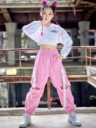 Stage Wear Long Sleeves White Tops Pink Pants Hip Hop Dance Costume Girls Kpop Jazz Modern Clothes Concert Catwalk Kids