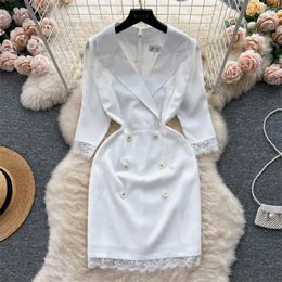 Party Dresses Short Notched Neck Dress Women's Summer Lace Patchwork Temperament Half Sleeve French High-End White Zipper Suit Z1438