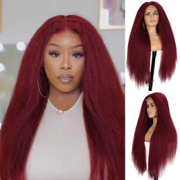 Synthetic Wigs Long Brown Kinky Straight Wig Copper Red Yaki 28 30 inch Wigs For Women With Natural Hairline Hair Heat Temperature Glueless 240329