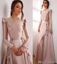 Modest Long Sleeves Satin Evening Dresses Ruffles Lace Applique Beaded A Line Prom Dresses Plus Size Gowns9284918