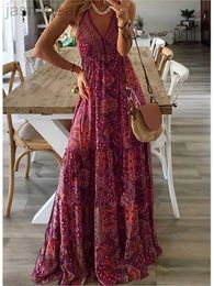 Basic Casual Dresses Women Fashion Boho Vintage Maxi Dress Loose Deep V Waist Dresses Spaghetti Strap Summer Retro Vestidos 240319