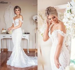 Stylish Off The Shoulder Lace Mermaid Wedding Dresses For Women Plus Size Arabic Aso Ebi Boho Country Bridal Gowns Sweep Train Reception Bride Robes de Mariee YD