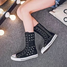 Boots Canvas Women fashion Hightop zipper Breathable Hollow flat boots Longbarreled casual flats boots Tall Punk Shoes Size 43 MA81