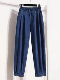 Autumn Plus Size Jeans For Women High Elastic Waist Loose Blue Black Color Jeans Trousers Korean Fashion Casual Pants 240315