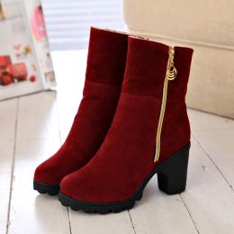 Boots Fashion Ladies Heeled Shoes Women High Heels Boots Brand Woman Winter Shoes Square Heels 8.5cm Women Ankle Boots Black Red A4115