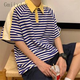 Men's T Shirts Retro Color-blocked Striped Lapel T-shirt Boys Summer Chinese Style Half-sleeved Korean Trendy Short-sleeved Fashion Shirt