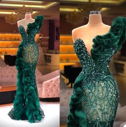 Luxury Evening Dresses Fashion Design Side Split Ruffles Tulle Mermaid Prom Dress Glitter Sequins Beads Custom Made Chic Formal Pa3349421